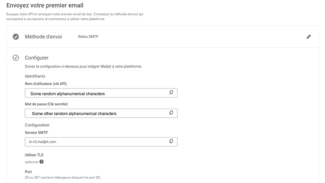 Mailjet credentials screen